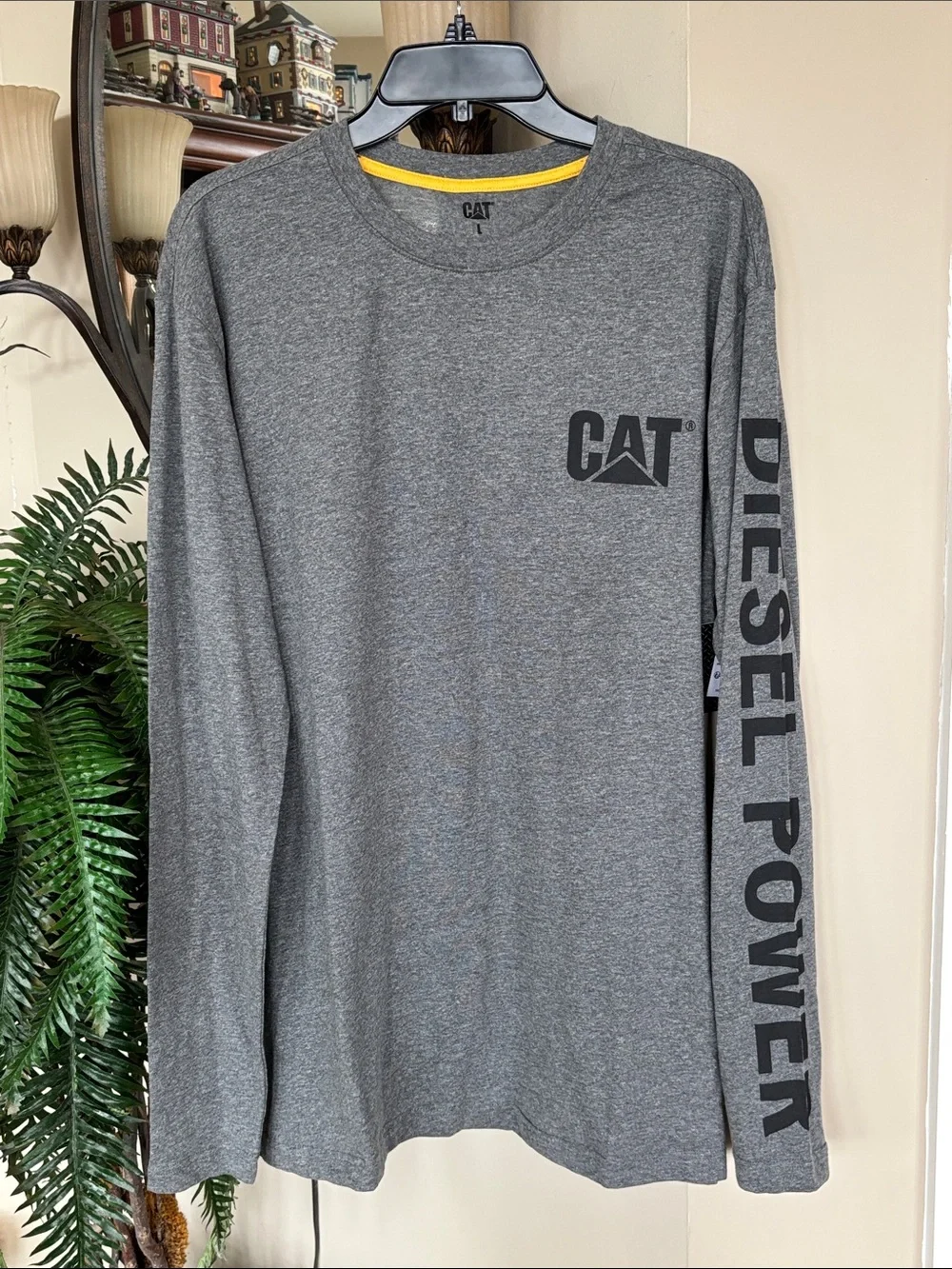 NWT Caterpillar Gray Long Sleeve Black 'Diesel Power' Logo Tee T-Shirt Trucker